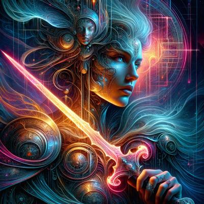 The primary subject of the image is a woman with long hair, holding a sword. She is wearing a blue dress and has a blue and gold sword. The setting is a futuristic environment, with a blue and gold background. The visual style is digital art, and the colors and mood are predominantly blue and gold, giving the image a futuristic and elegant appearance.